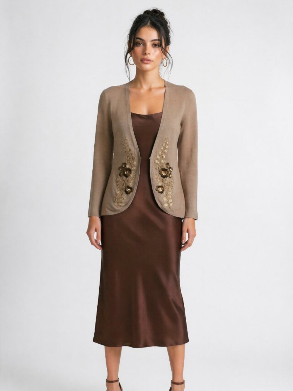 Ann Taylor New Beaded Embroidered Light Brown Cardigan Sweater M Silk Cotton